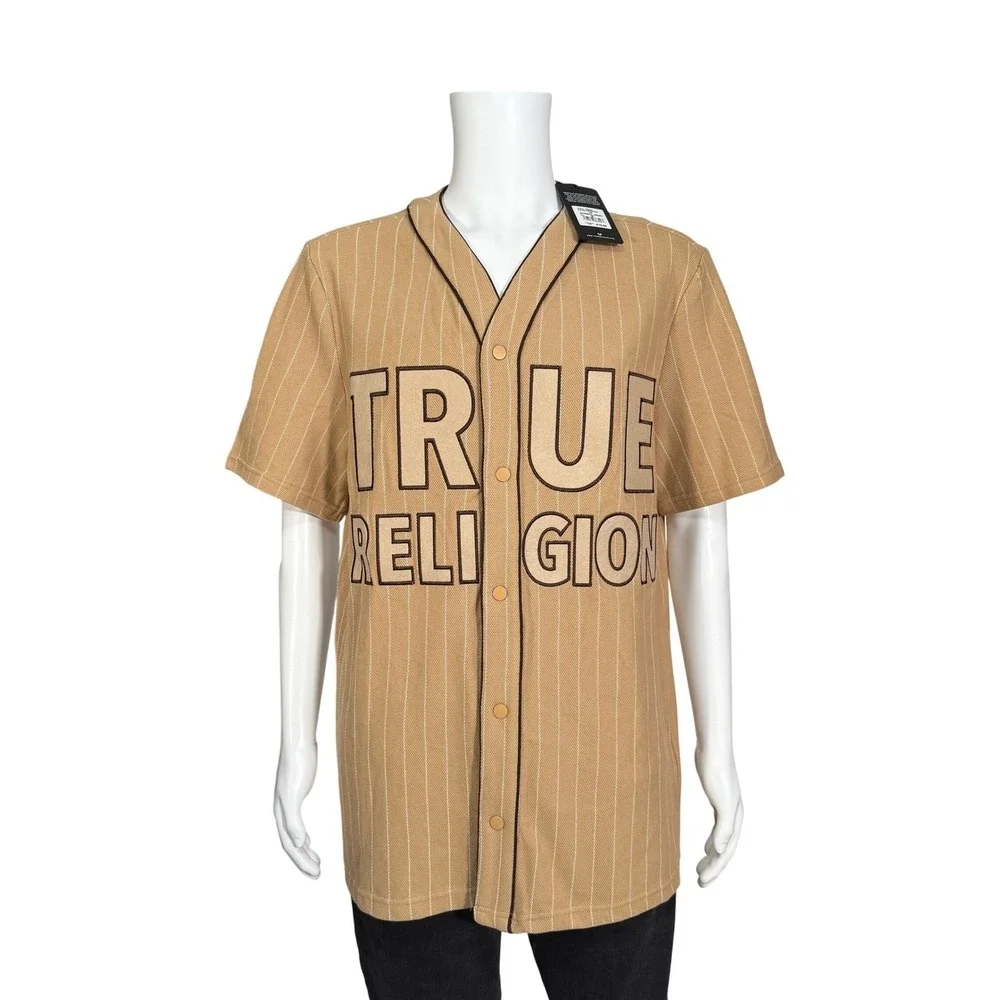 True‎ Religion Mens Baseball Jersey Tan Stripe Short Sleeve Button Up Size M NWT